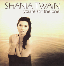 A photograph of a topless woman standing in water with her hands on her chest. She looks into the camera with an expressionless face and her mouth ajar. She has wet and long hair pulled back. The words SHANIA TWAIN are written at the top of the image in capital letters. The words you're still the one are written below in lower case.