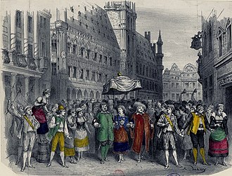 sketch of open-air crowd scene in 16th-century Brussels