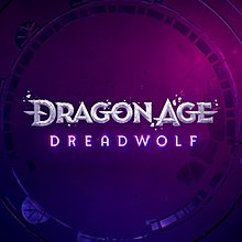 The image has blue and purple tones with the logo on the center of a circle. The text "Dragon Age" is in larger metallic silver with the subtitle text "Dreadwolf" under it in glowing purple.