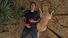 A man wearing a black shirt and jeans and a dog lie on the ground of a bamboo forest.