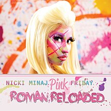 Minaj with face paint looking to the right. A white box at the bottom saying the album's name and details.