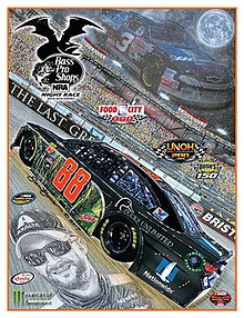 The 2017 Bass Pro Shops NRA Night Race program cover, with artwork by former NASCAR artist Sam Bass. The cover features a tribute to the Earnhardt family. The painting is called “Leave A Mark!”