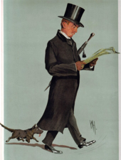 coloured caricature of Henson in outdoor clothes, walking, with umbrella tucked under his arm and a small dog walking alongside him