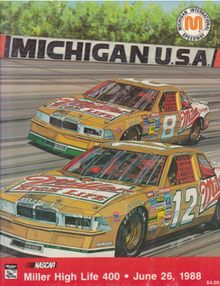 The 1988 Miller High Life 400 program cover, featuring Bobby Hillin Jr. and Bobby Allison. Artwork by NASCAR artist Sam Bass.