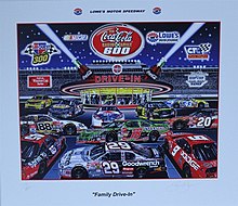 The 2002 Coca-Cola Racing Family 600 program cover, featuring the drivers in the Coca-Cola Racing Family. Artwork by NASCAR artist Sam Bass. "Family Drive-In"