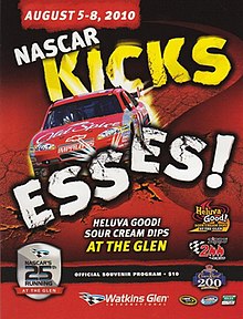 The 2010 Heluva Good! Sour Cream Dips at The Glen program cover, featuring Tony Stewart. ¨NASCAR Kicks Esses!¨