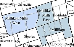 Map highlighting Milliken, Milliken Mills West, and Milliken Mills East
