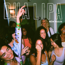 A group of women partying in a backyard, with the name of the singer and the title of the song superimposed over them in capital letters.