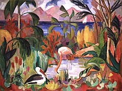 Paysage coloré aux oiseaux aquatiques (Colorful landscape with water birds), by Jean Metzinger. 1907. Another example of Fauvism.