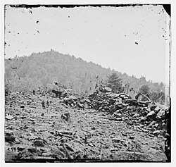 1863 O'Sullivan image of Big Round Top[specify] beyond Little Round Top breastworks