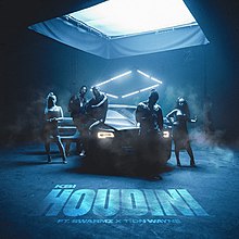 Tion Wayne(left), Swarmz (centre) and KSI (right) standing with two female models around a sports car, in a blue-lighted room. The title "Houdini" appears in large blue font at the bottom, with KSI's name in small blue font above and the featured artists' names in small blue font below.