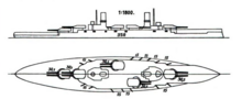 A large warship with five gun turrets, two tall masts, two funnels, and heavy armor protection.