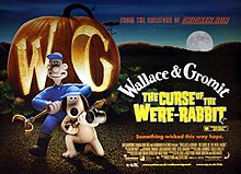 British poster featuring Wallace and Gromit, posing in front of a giant carved pumpkin that bears the letters "WG" behind them. The title "Wallace & Gromit The Curse of the Were-Rabbit", the text "Something wicked this way hops.", and the names of director, producer, music composer, and screenplay appear at the right.