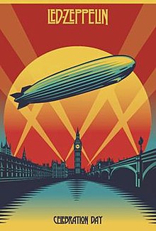 A yellow and red drawing of a zeppelin flying over the Thames in front of Big Ben and the Palace of Westminster, illuminated by spotlights