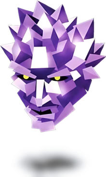 A floating purple head with matching spiked "hair", made entirely of low-resolution polygons. It has an opened mouth and black eyes that have yellow irises.