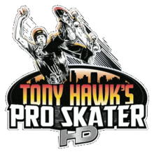 Tony Hawk's Pro Skater est inscrit sur deux lignes sur un fond ovale comportant la ligne d'horizon d'une ville avec beaucoup d'immeubles. En bas, HD dépasse de l'ovale et au dessus de l'ovale un skater exécute une figure.