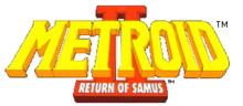 Metroid est écrit en grosses lettres de couleur jaune bordées de rouge et en arrière plan, II est écrit en grosses lettres de couleur rouge, collées l'une à l'autre. Dans les barres horizontales du bas du II, Return of Samus est inscrit en petites lettre blanches.