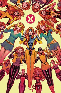 ג'ין גריי על שלל התגלמויותיה, גלגוליה והופעתיה בכותרי מארוול קומיקס. תמונה לקוחה מ-Variant textless cover to X-Men Vol 5. #1 (October 2019). מאייר: Russell Dauterman.