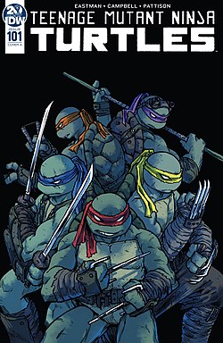 צבי הנינג'ה, כפי שהופיעו על עטיפת החוב��ת Teenage Mutant Ninja Turtles #101 בהוצאת IDW Publishing מינואר 2020. אמנות מאת סופי קמפבל.