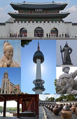 Az óramutató járásával megegyezően, felülről: A Kjongbokkung (Gyeongbokgung) palota Kvanghvamun (Gwanghwamun) kapuja; I Szunsin (Yi Sun-shin) szobra; háborús emlékmű; onggi edények a Kjongbokkung (Gyeongbokgung) palotában; Csongmjo-szentély (Jongmyo); Mjongdong (Myeongdong) székesegyház; Szedzsong (Sejong) király szobra; (középen) N Seoul Tower