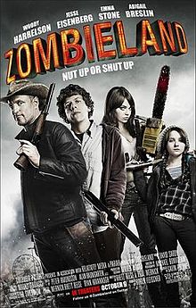 Poster filem Zombieland dengan slogan "Nut up or shut up". Empat pelakon muncul dalam kumpulan dengan semua memegang senjata yang berlainan.