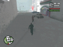 Clipe do jogo Grand Theft Auto: San Andreas. Nele, o personagem do jogador é visto atirando contra um personagem não jogável. Este tem uma marcação em vermelho flutuando acima de sua cabeça, indicando ser um alvo da missão. Um texto em inglês na parte inferior diz "Get back to the pimpmobile".