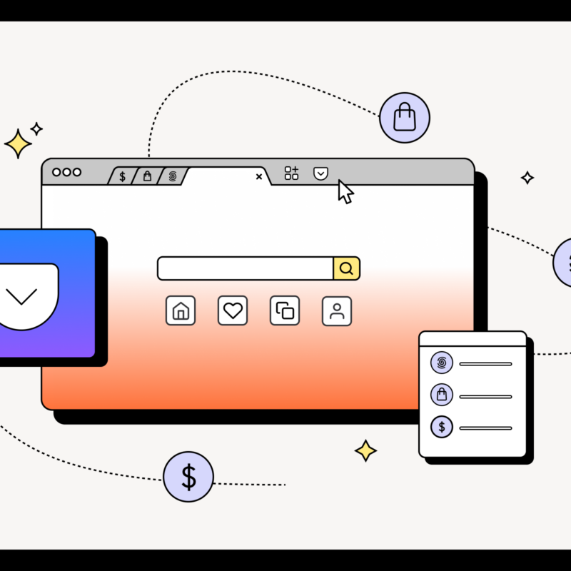 Illustration of a web browser with a search bar, icons, and connected elements symbolizing features like shopping, bookmarks, and user profile.