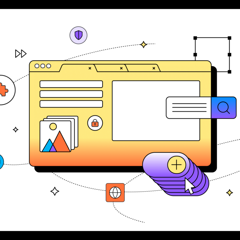 Illustration of a web browser window with multiple tabs, icons for search, security, plugins, and multimedia files, and a large cursor clicking a stack of buttons. Various abstract shapes and dotted lines connect the icons, representing online activities and interactions.