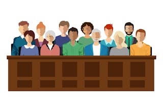 Twelve jurors sit in a jury box at a court trial, vector illustration. Jury in court trial vector illustration. People in judgin