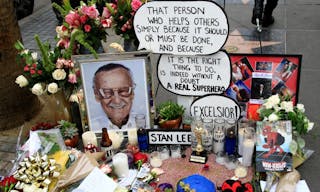 HOLLYWOOD CA - NOVEMBER 13, 2018: Mementos are being left on the star in Hollywood of Stan Lee because he died today November 13