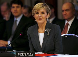 Australian Foreign Minister Julie Bishop delivers remarks at the opening plenary session of the Pacific Islands Forum Foreign Mi