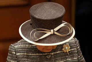 Britain's Queen Elizabeth checks her notes before speaking at Church House after a service at Westminster Abbey in London