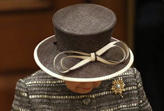 Britain's Queen Elizabeth checks her notes before speaking at Church House after a service at Westminster Abbey in London