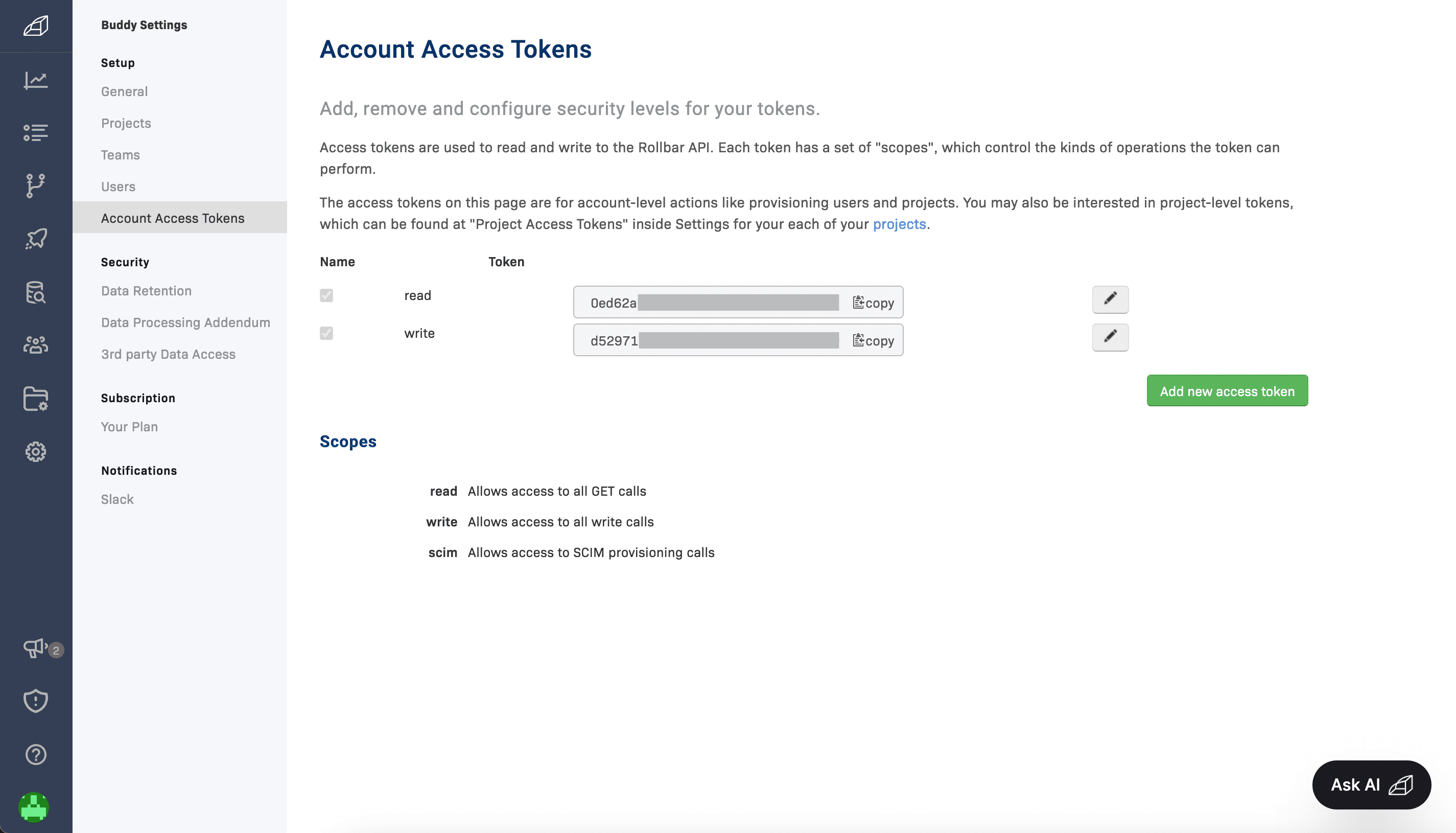 Rollbar access tokens