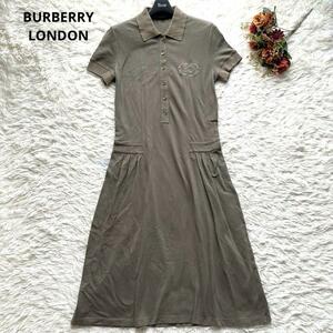 【美品】BURBERRY LONDON　バーバリーロンドン 半袖　ポロシャツ ワンピース ホースロゴ 刺繍 38　カーキ