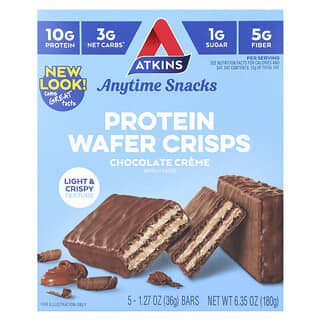 Atkins, Anytime Snacks, Protein Wafer Crisps, Chips aus dünnen Protein-Waffeln, Schokoladencreme, 5 Riegel, je 36 g (1,27 oz.).