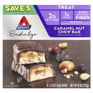 Atkins, Endulge™, Caramel Nut Chew Bar, Karamell-Nuss-Kauriegel, 5 Riegel, je 34 g (1,2 oz.).