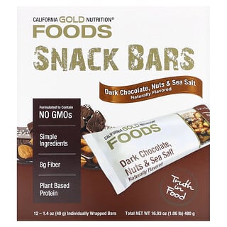 California Gold Nutrition, Foods, Dark Chocolate, Nuts, & Sea Salt Snack Bars, Snack-Riegel mit dunkler Schokolade, Nüssen und Meersalz, 12 Riegel, je 40 g (1,4 oz.).