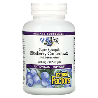 Natural Factors, BlueRich, Superpotente, Concentrado de arándano azul, 500 mg, 90 cápsulas blandas