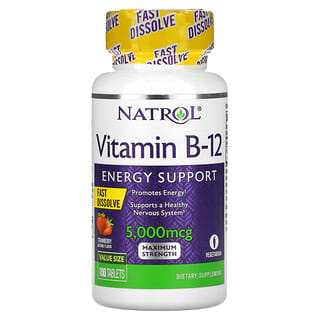 Natrol, Vitamina B-12, Dissolução Rápida, Potência Máxima, Morango, 5.000 mcg, 100 Comprimidos