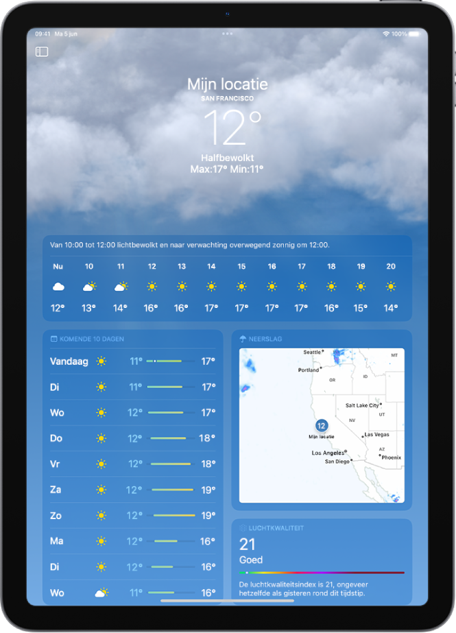 Het Weer-scherm, met aan de linkerkant van boven naar beneden de locatie, de huidige temperatuur, de hoogste en laagste temperatuur voor vandaag en de weersverwachting per uur en voor de komende 10 dagen, en aan de rechterkant een neerslagkaart en een schaal voor de luchtkwaliteit.