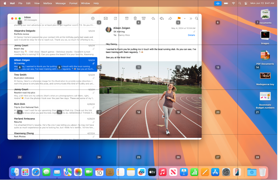 The Mail app open on the Mac desktop, with a grid superimposed. The grid divides the desktop into seven columns and four rows, and each cell is numbered 1 through 28. The Voice Control icon is located in the menu bar.