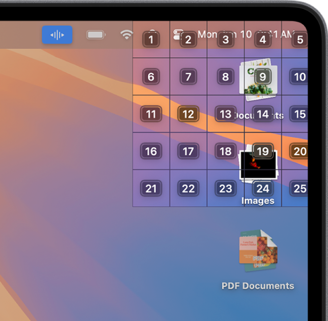 A grid is shown in the top-right corner of the screen, where two desktop stacks are located. The grid has five columns and five rows, and each cell is numbered 1 through 25.