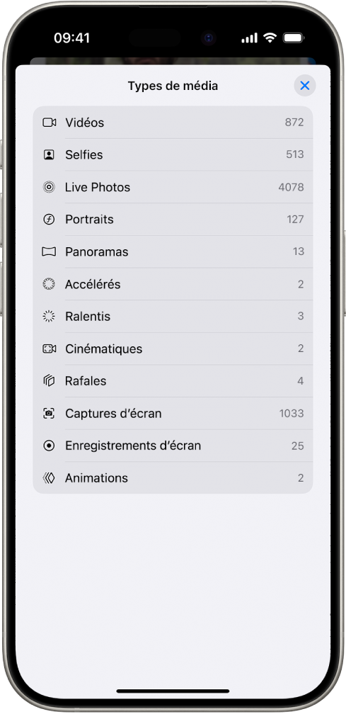 Dans l’app Photos, la collection « Types de médias » est ouverte, avec la liste des collections de photos.