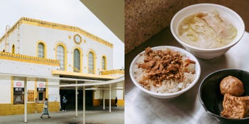 a table with bowls of food and a building in the background