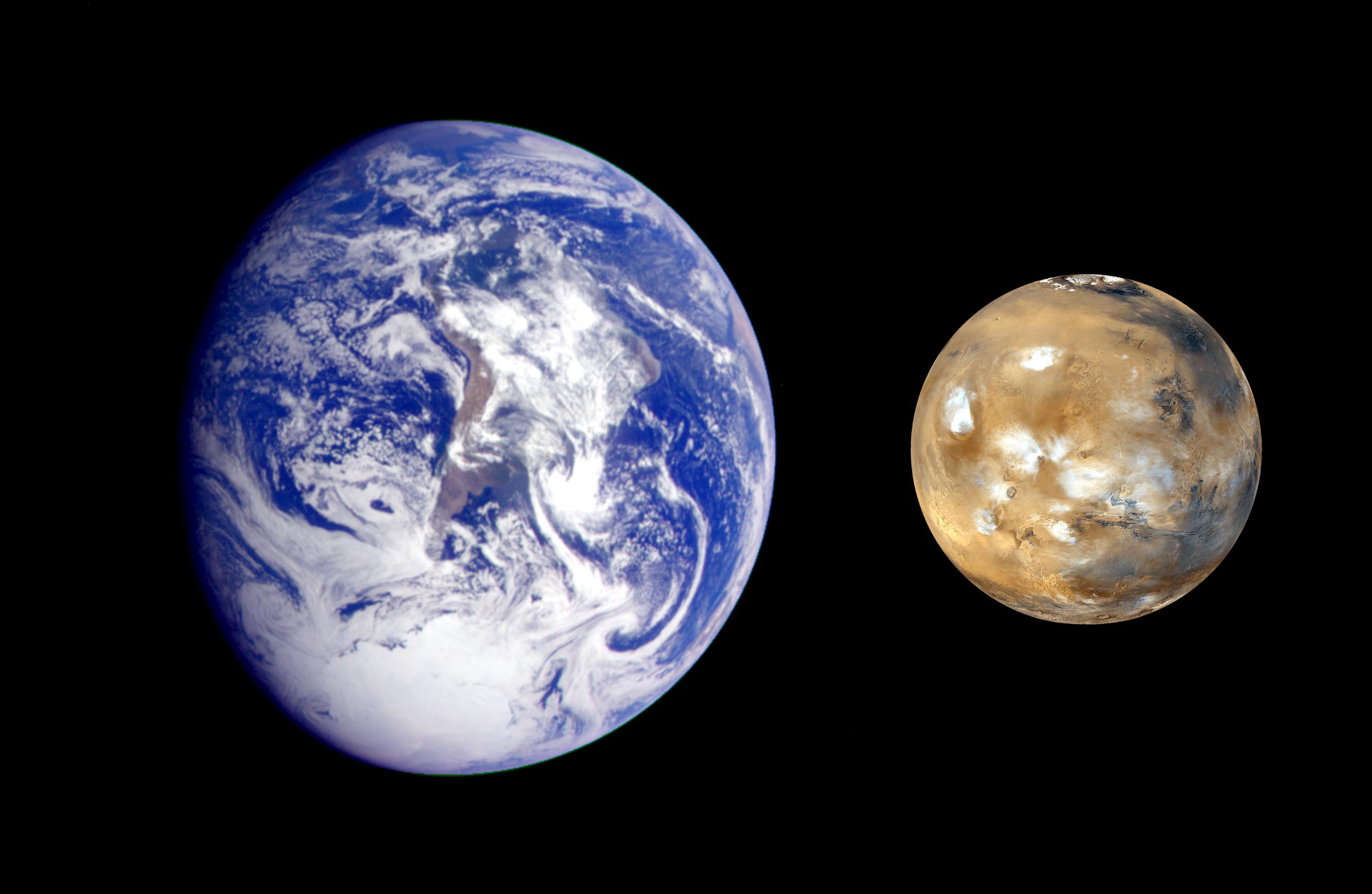 This composite image, from NASA Galileo and Mars Global Survey orbiters, of Earth and Mars was created to allow viewers to gain a better understanding of the relative sizes of the two planets.