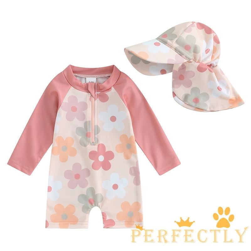 PEF-Newborn Baby Girls Romper Swimwear Long Sleeve Floral/Tropical Tree Print Zip Up Bathing Suits with Hat