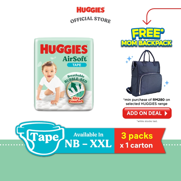 HUGGIES AirSoft Tape NB68/ S58/ M52/ L44/ XL38/ XXL32 (3 Packs)