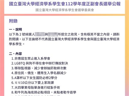 台大經濟系學生會選舉政見涉歧視 通報性平會調查