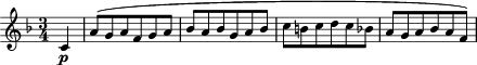 \relative c' { \time 3/4 \key f \major \partial 4 c4\p | a'8( g a f g a | bes a bes g a bes | c b c d c bes | a g a bes a f) }